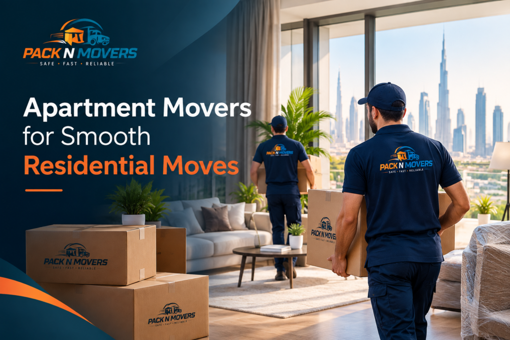 Apartment movers handling boxes during a residential move