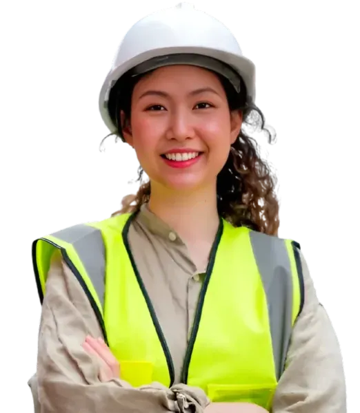 Professional construction worker wearing safety helmet and high visibility vest